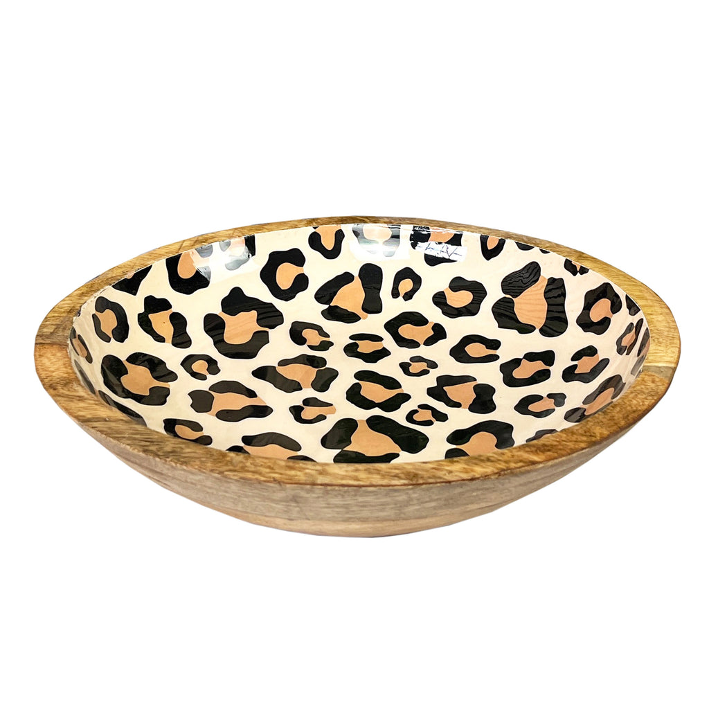 30cm Decorative Wooden Bowl with Enamel Leopard Print Design