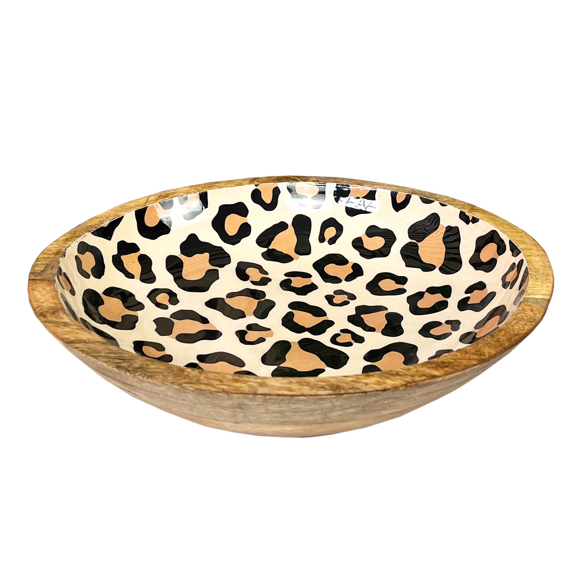 30cm Decorative Wooden Bowl with Enamel Leopard Print Design