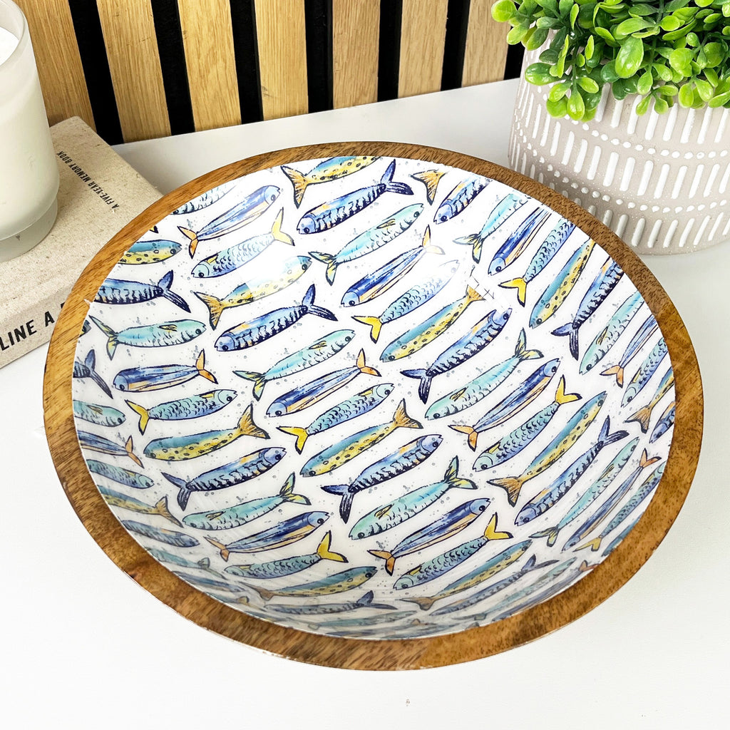 25.5cm Decorative Wooden Bowl with Enamel Nautical Fishes Design