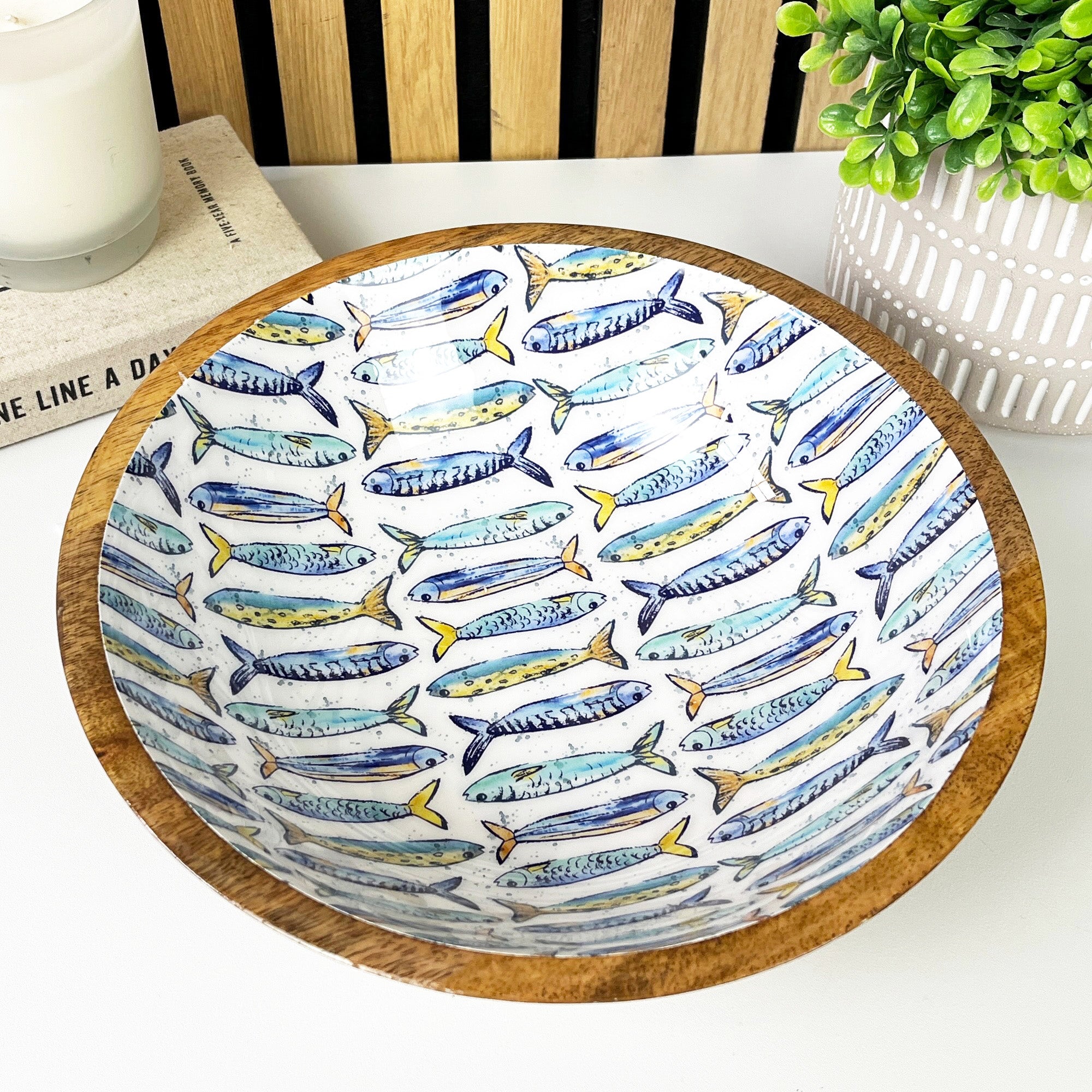 25.5cm Decorative Wooden Bowl with Enamel Nautical Fishes Design