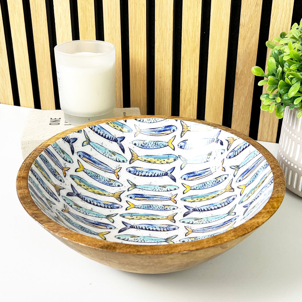 25.5cm Decorative Wooden Bowl with Enamel Nautical Fishes Design