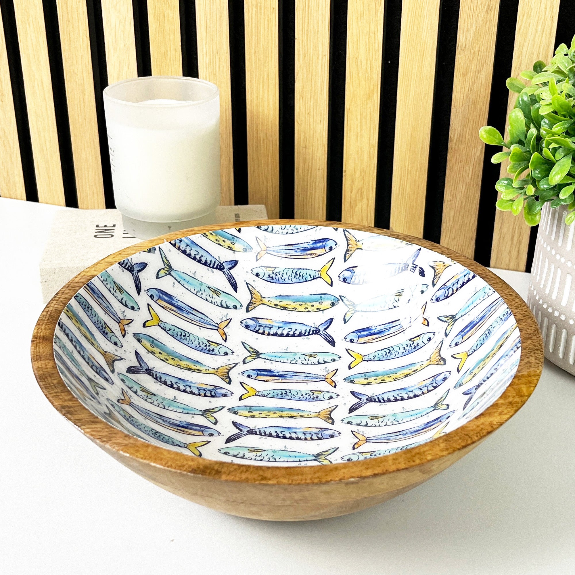 25.5cm Decorative Wooden Bowl with Enamel Nautical Fishes Design