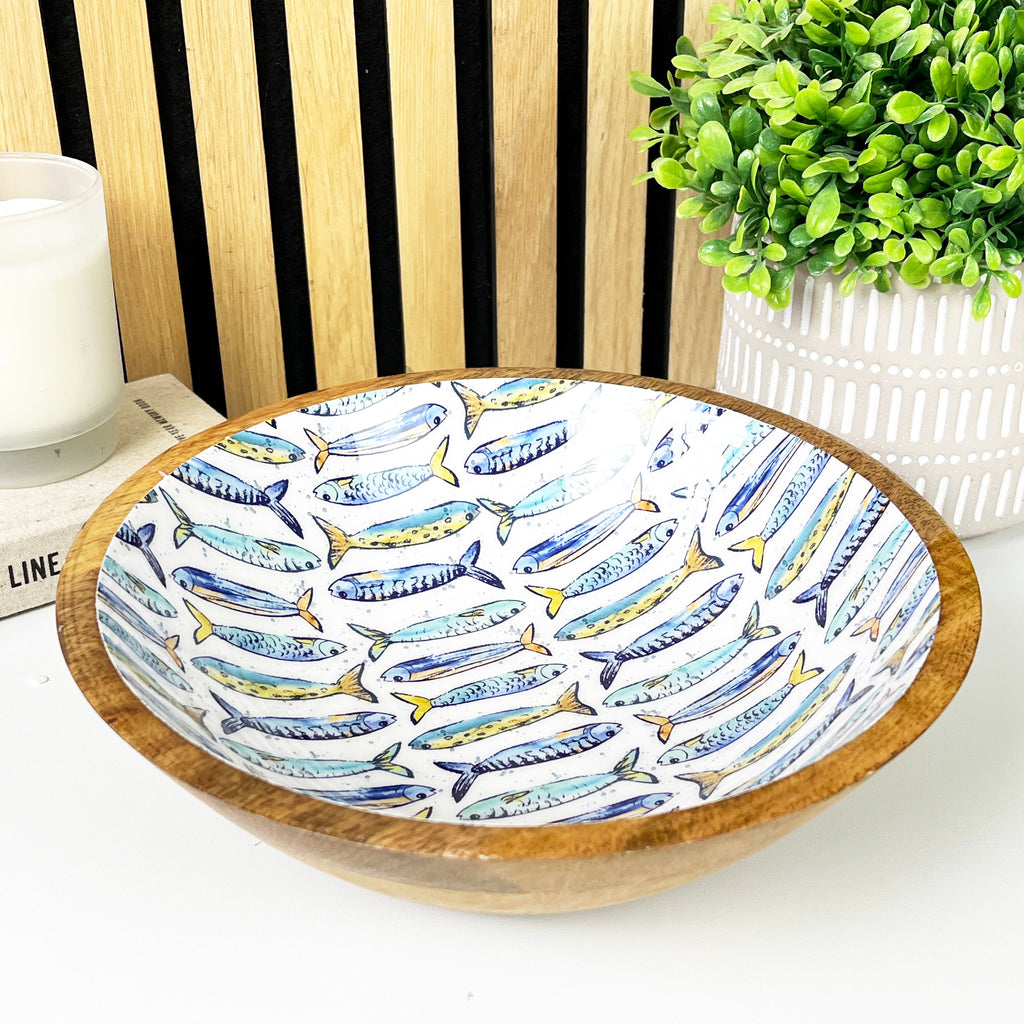 25.5cm Decorative Wooden Bowl with Enamel Nautical Fishes Design