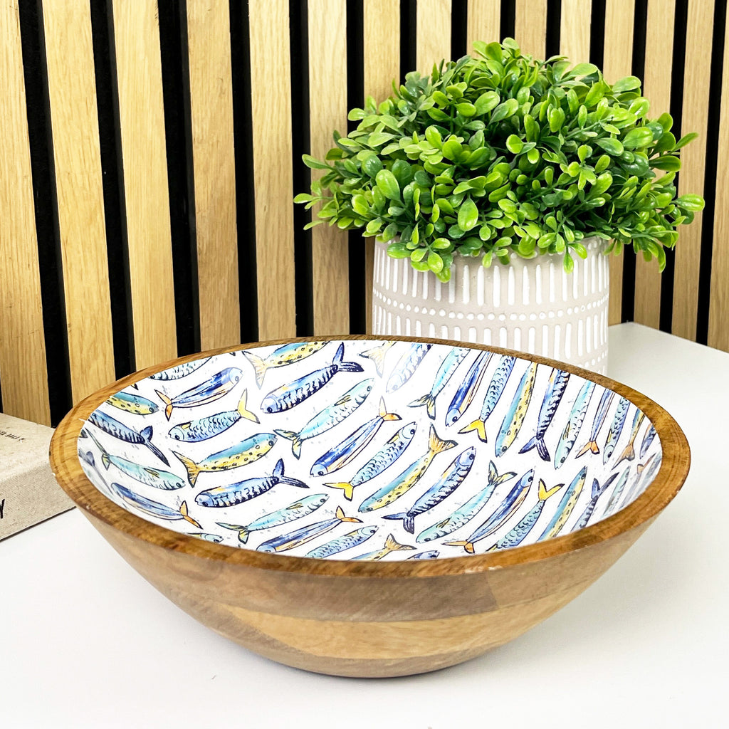 25.5cm Decorative Wooden Bowl with Enamel Nautical Fishes Design