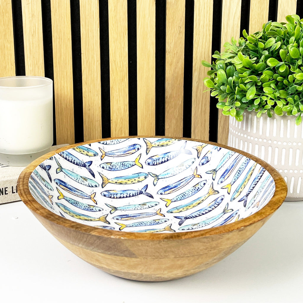 25.5cm Decorative Wooden Bowl with Enamel Nautical Fishes Design