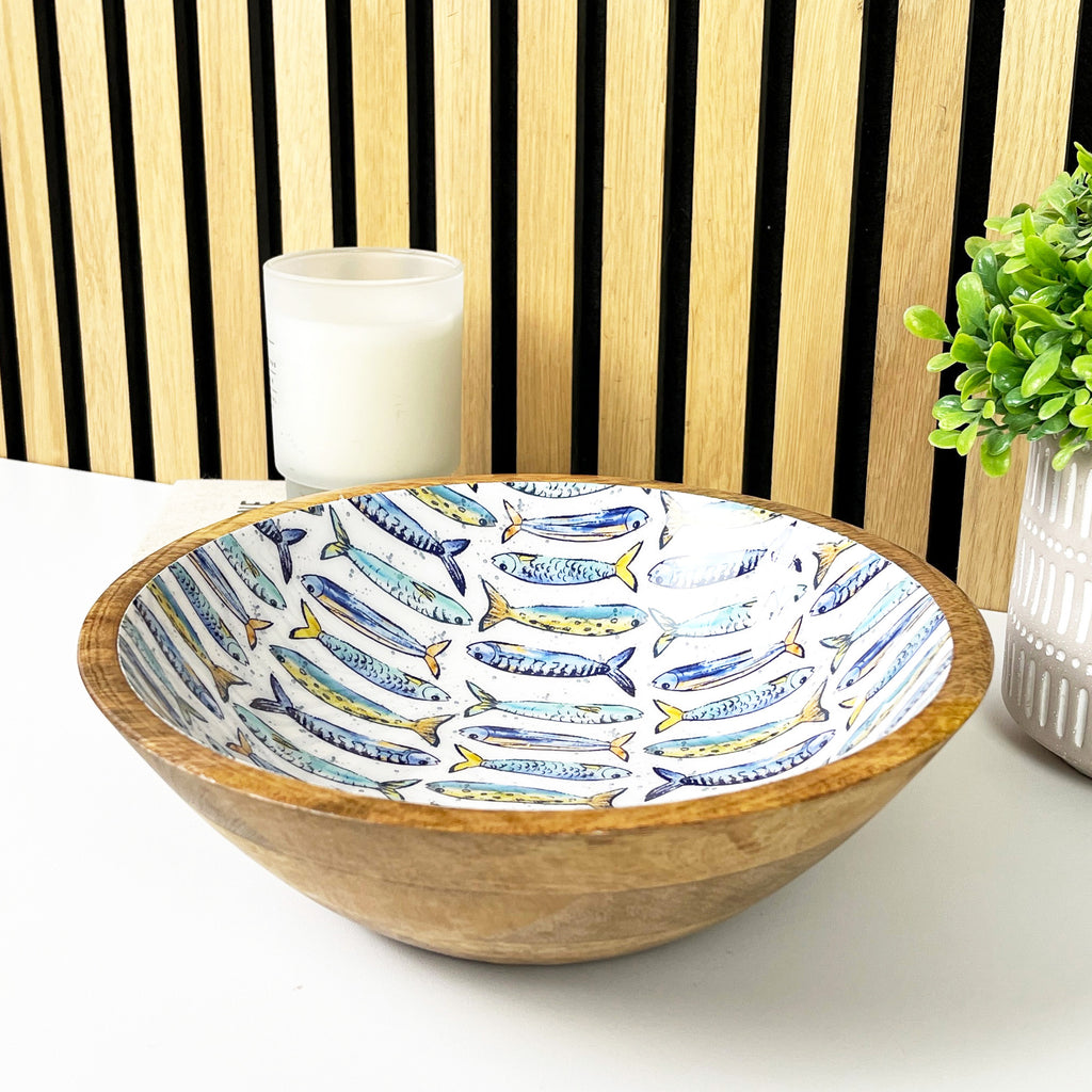 25.5cm Decorative Wooden Bowl with Enamel Nautical Fishes Design