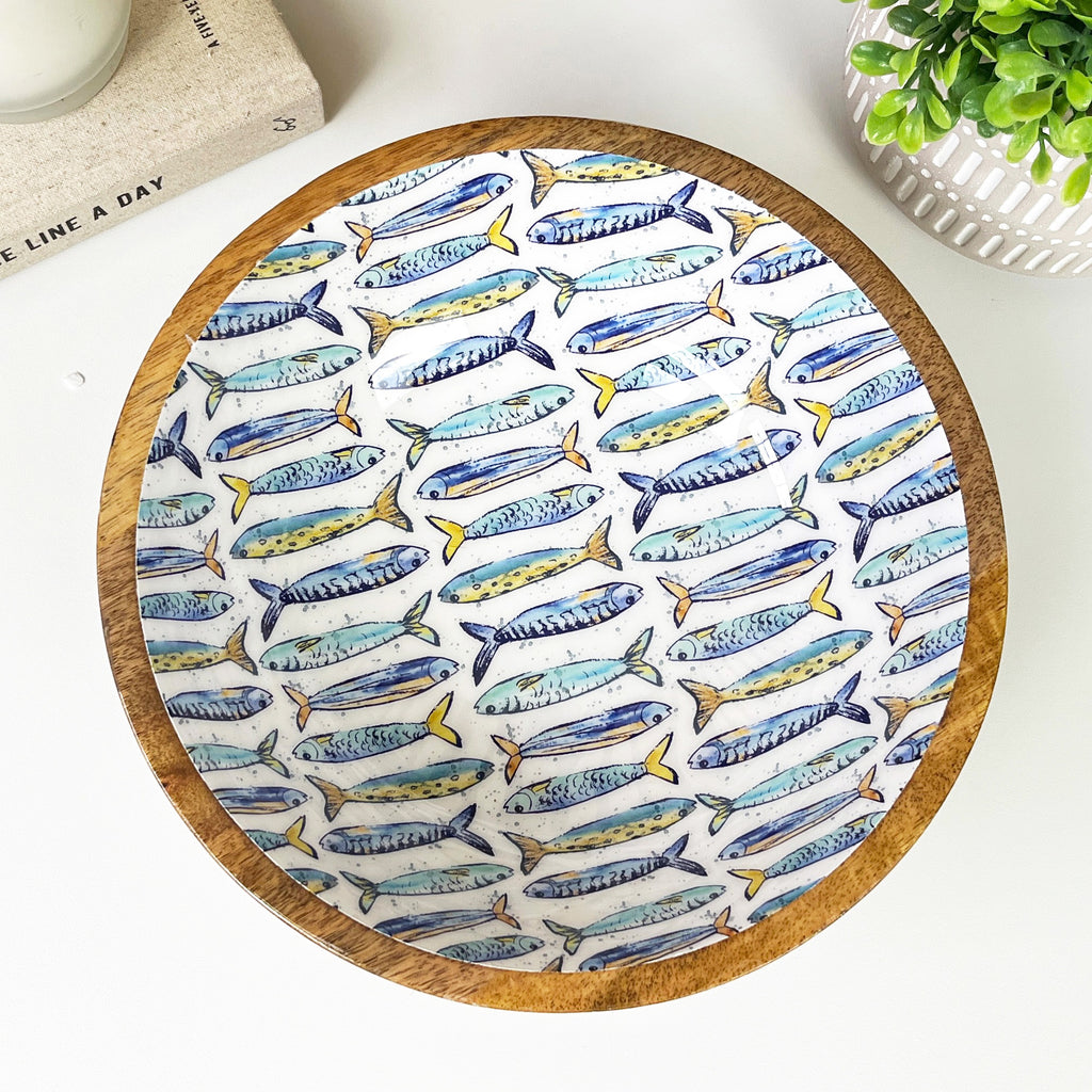 25.5cm Decorative Wooden Bowl with Enamel Nautical Fishes Design