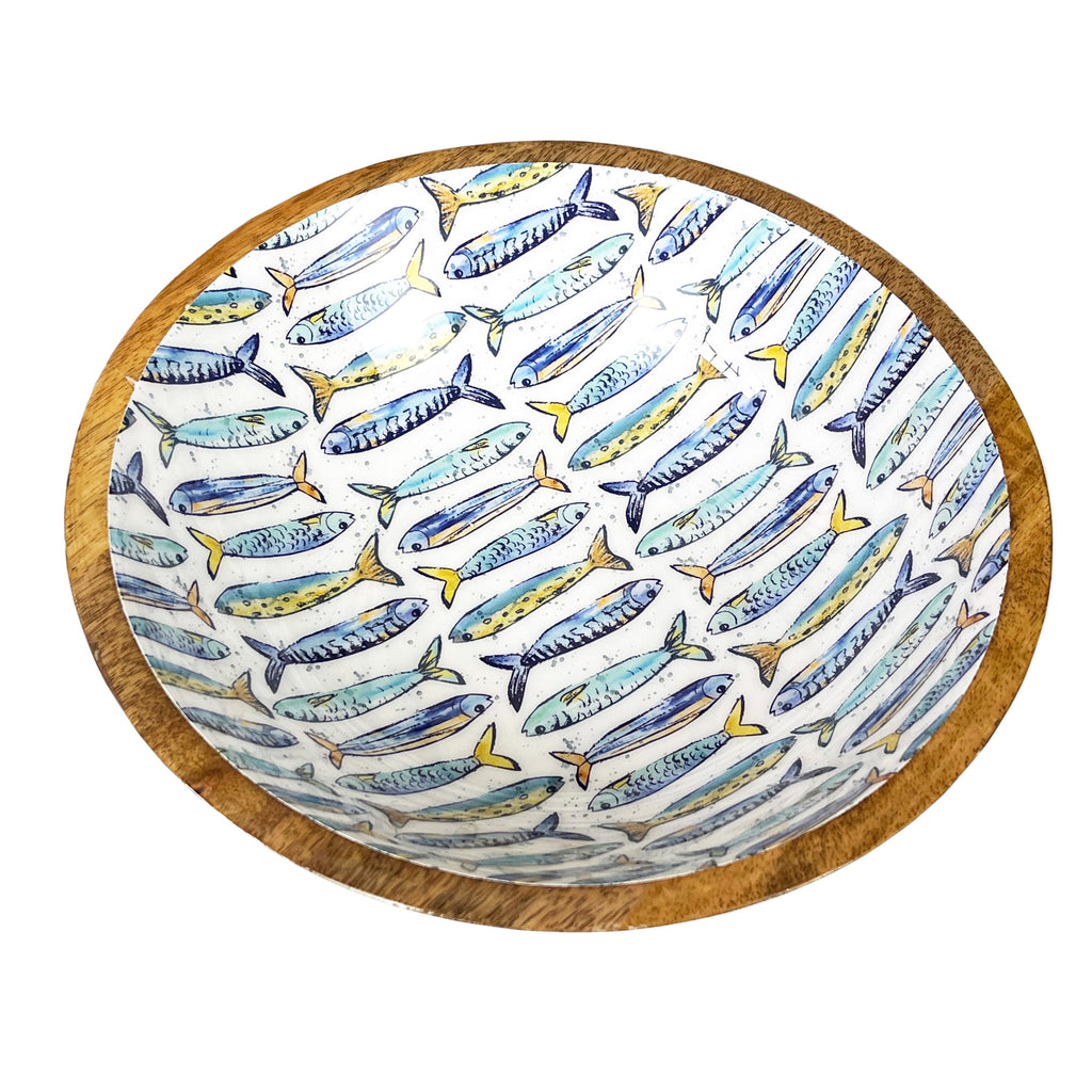25.5cm Decorative Wooden Bowl with Enamel Nautical Fishes Design