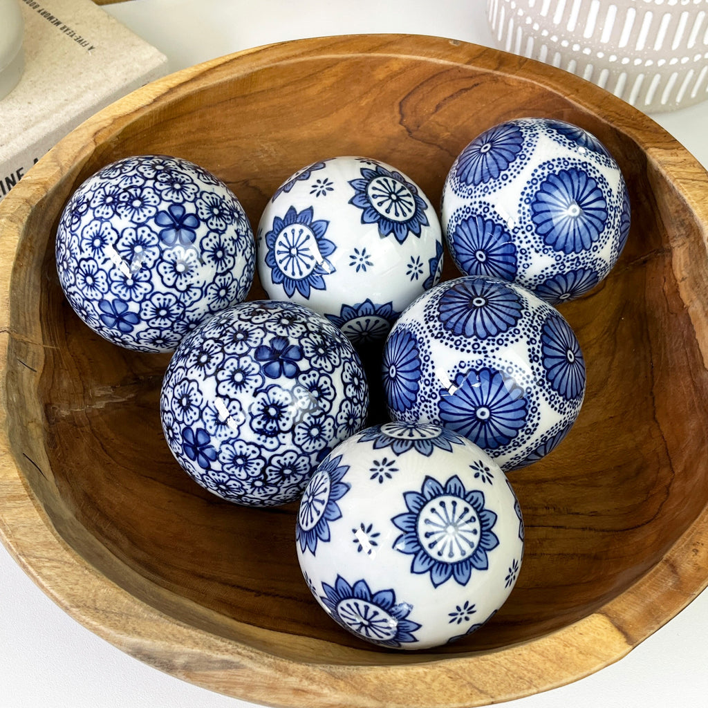 Set of 6 Ceramic Decorative Ball Bowl Fillers – White & Blue Floral