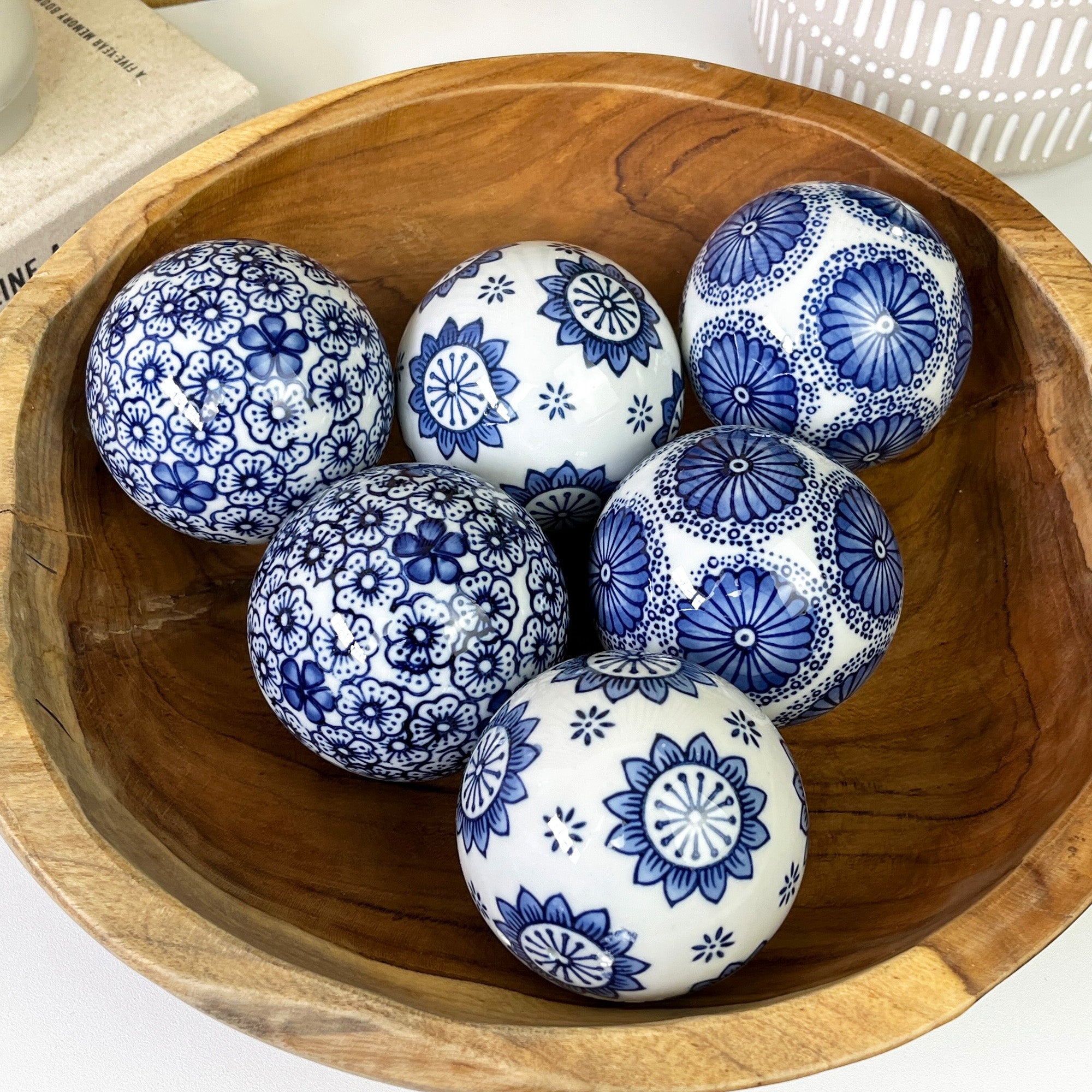 Set of 6 Ceramic Decorative Ball Bowl Fillers – White & Blue Floral