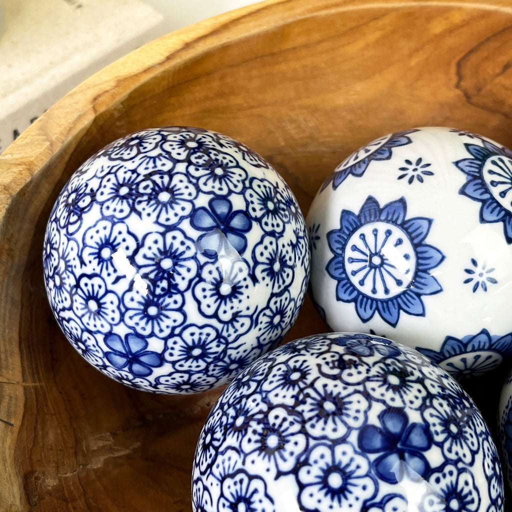 Set of 6 Ceramic Decorative Ball Bowl Fillers – White & Blue Floral