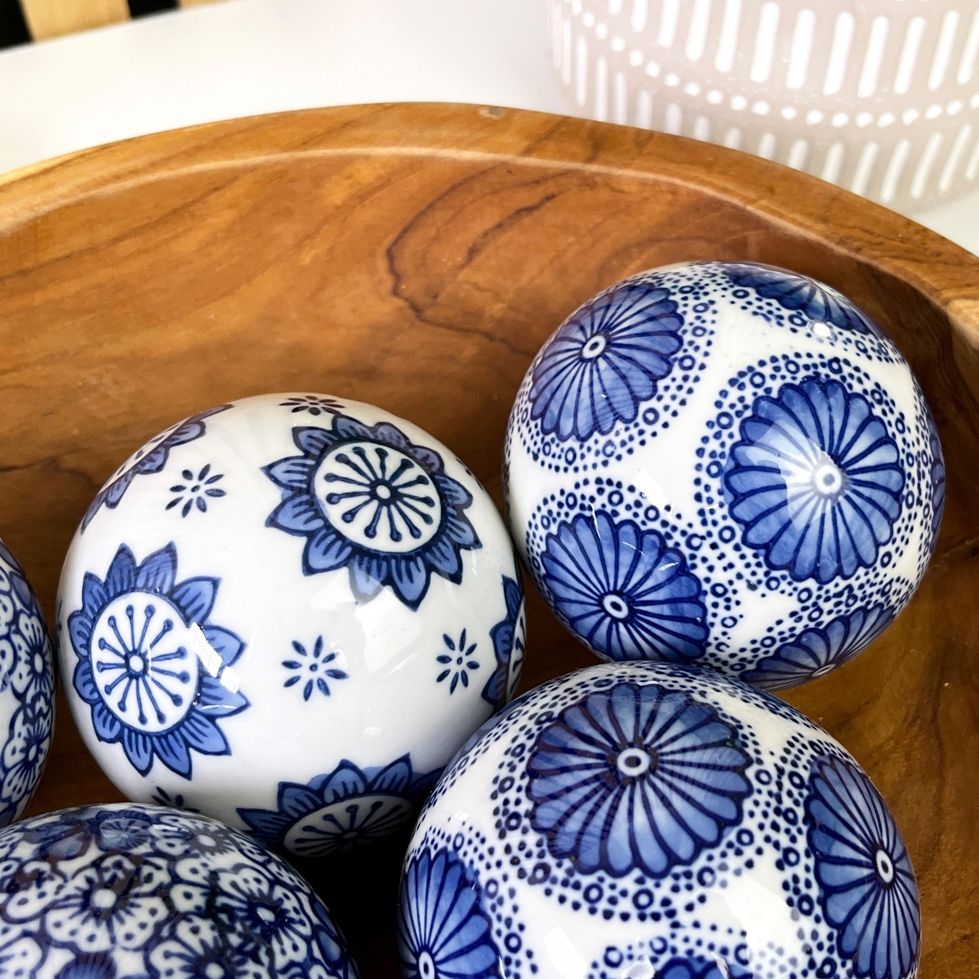 Set of 6 Ceramic Decorative Ball Bowl Fillers – White & Blue Floral