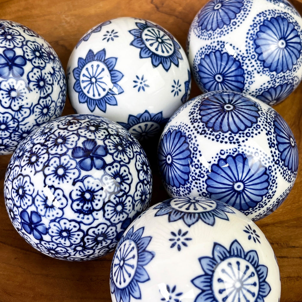 Set of 6 Ceramic Decorative Ball Bowl Fillers – White & Blue Floral