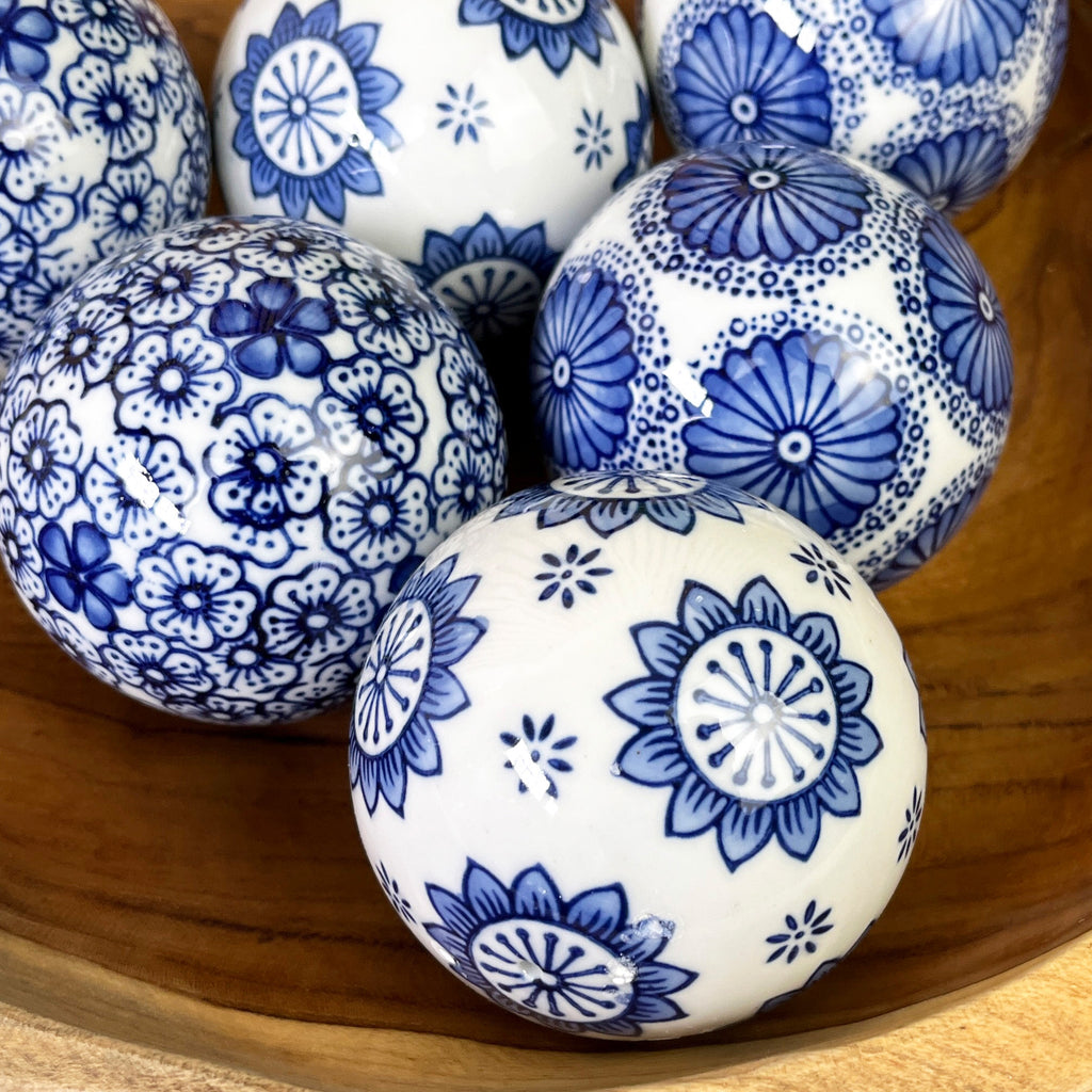 Set of 6 Ceramic Decorative Ball Bowl Fillers – White & Blue Floral
