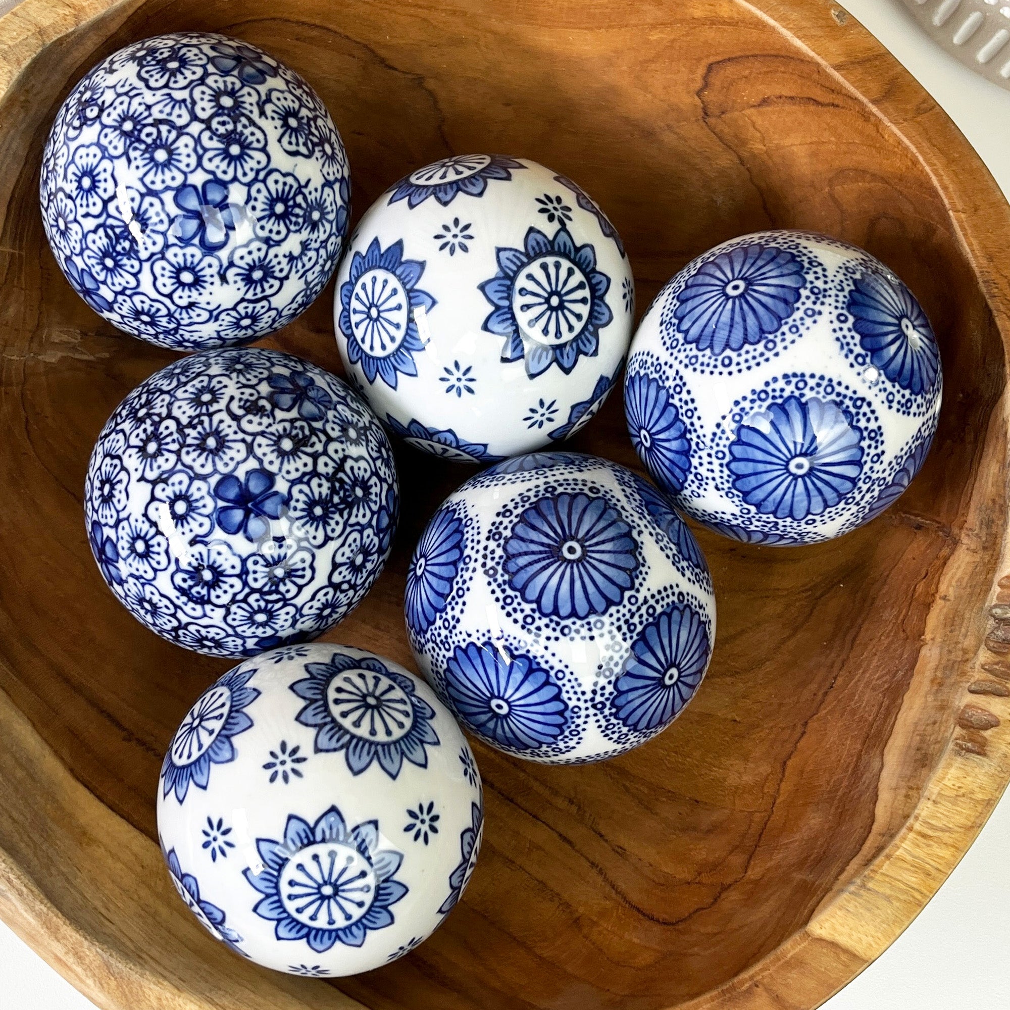 Set of 6 Ceramic Decorative Ball Bowl Fillers – White & Blue Floral