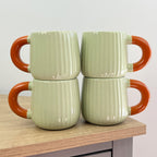 Set of 4 x 325ml Chunky Ribbed Stoneware Mugs - Light Green