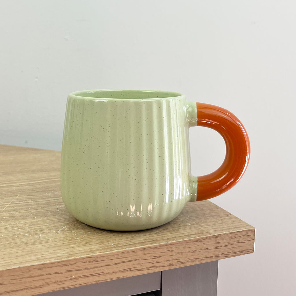 Set of 4 x 325ml Chunky Ribbed Stoneware Mugs - Light Green