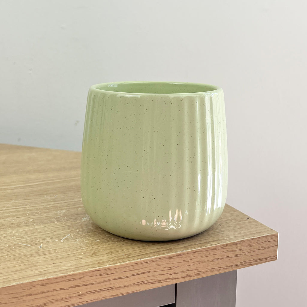 Set of 4 x 325ml Chunky Ribbed Stoneware Mugs - Light Green