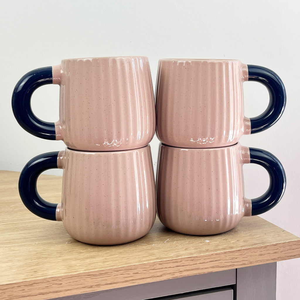 Set of 4 x 325ml Chunky Ribbed Stoneware Mugs - Pastel Pink