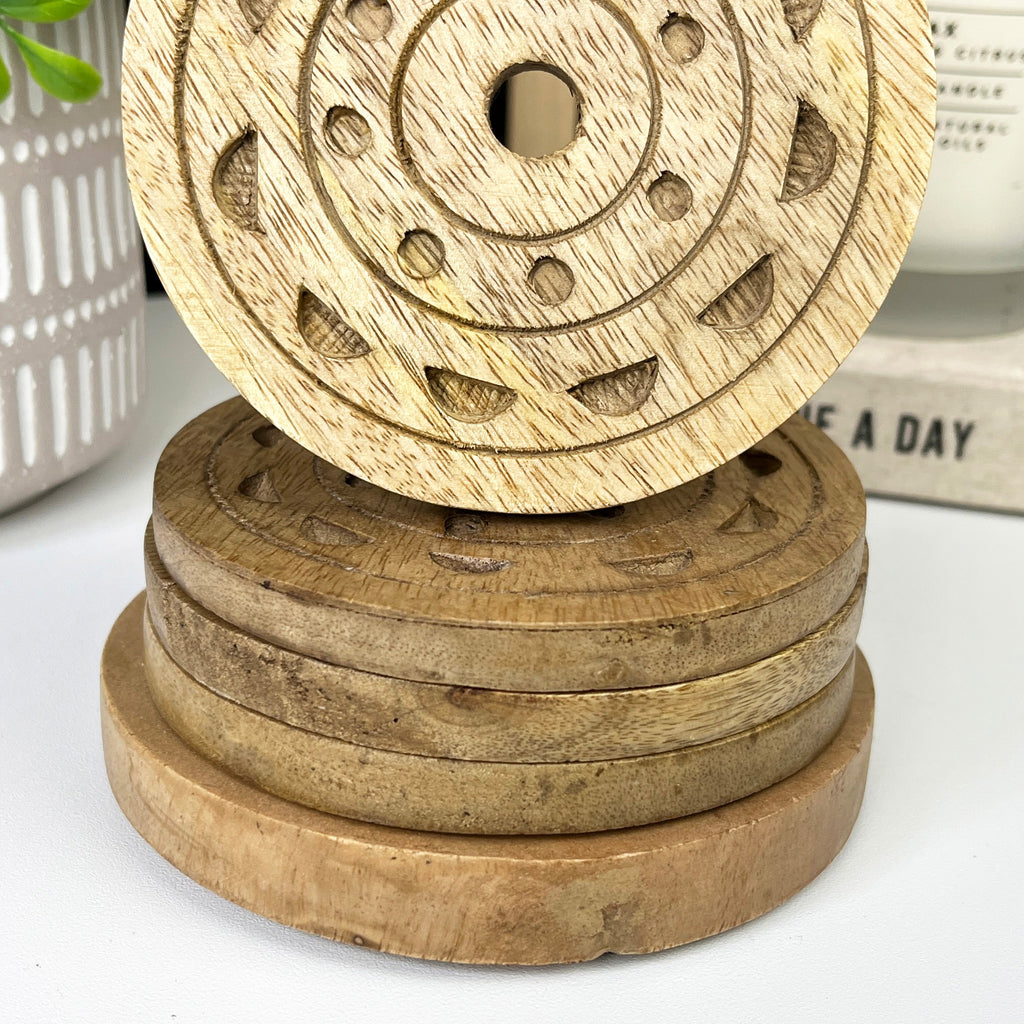 Set of 4 Round Wooden Drinks Coasters with Caddy - Hand Crafted