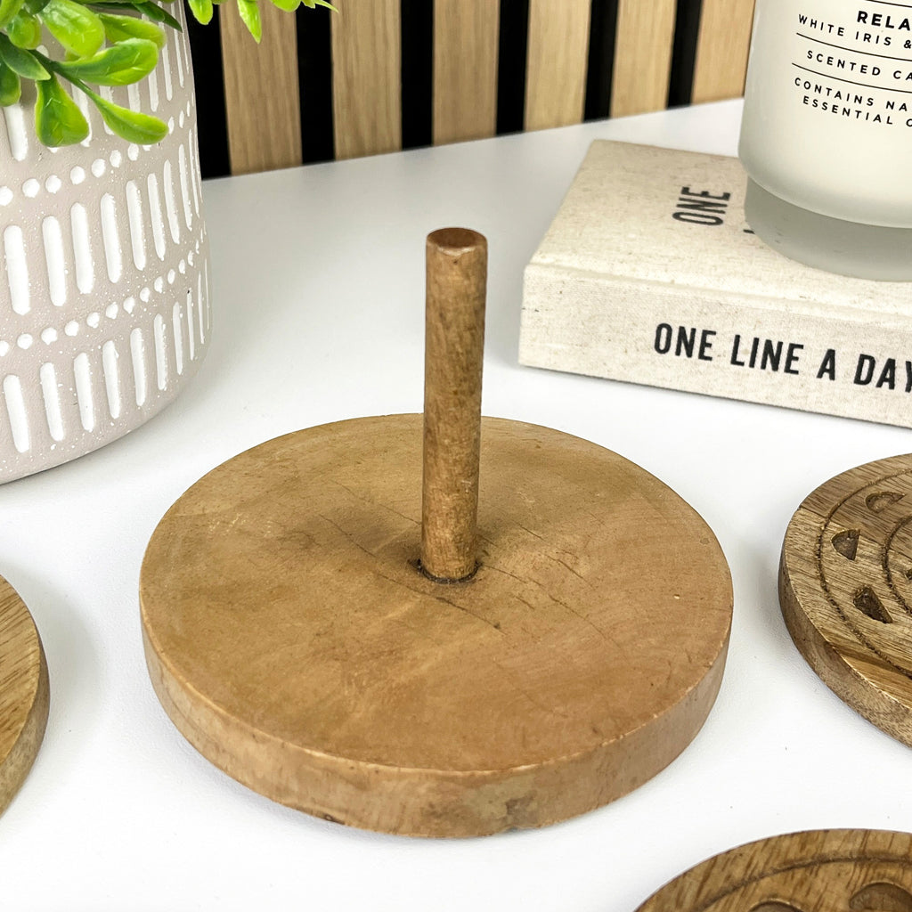 Set of 4 Round Wooden Drinks Coasters with Caddy - Hand Crafted