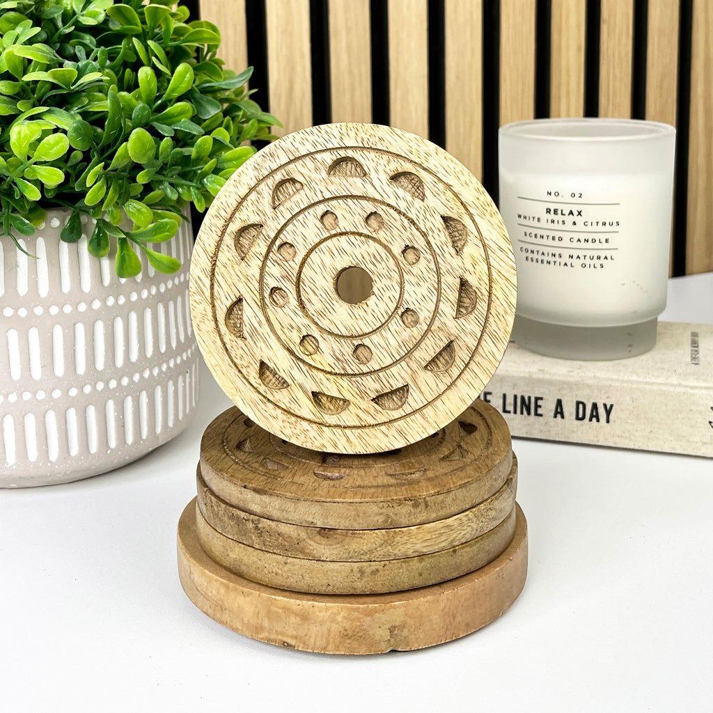 Set of 4 Round Wooden Drinks Coasters with Caddy - Hand Crafted