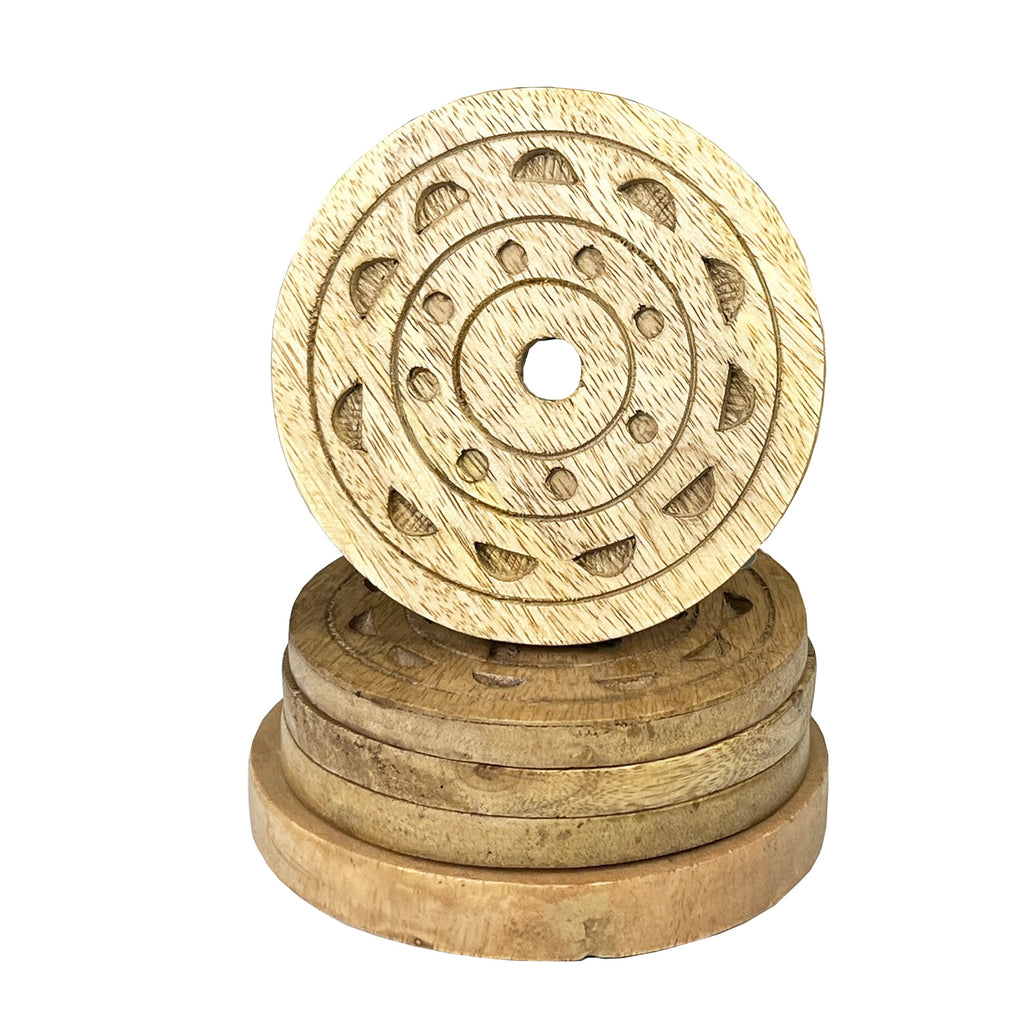 Set of 4 Round Wooden Drinks Coasters with Caddy - Hand Crafted