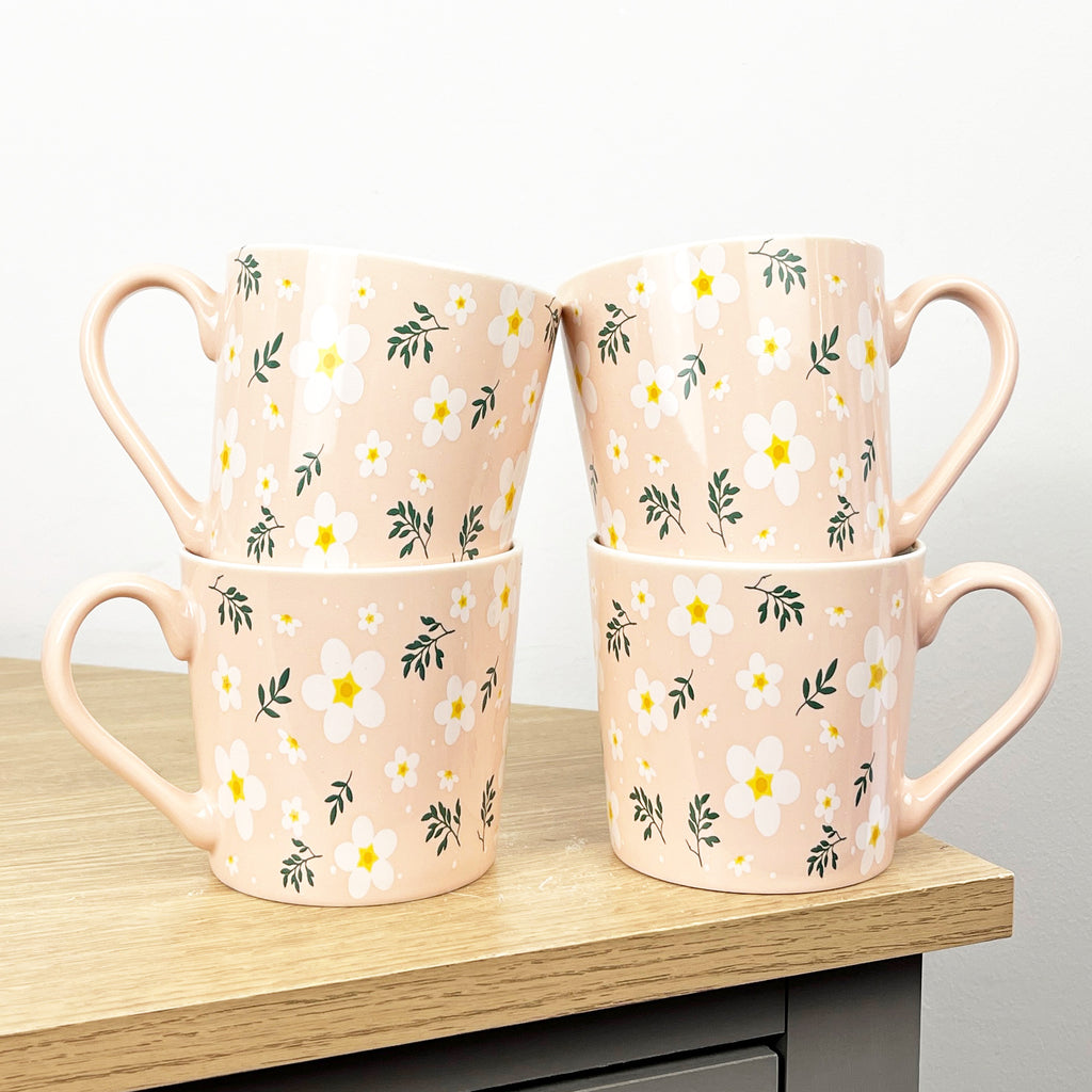 Set of 4 x 350ml Retro Floral Porcelain Mugs - Pink