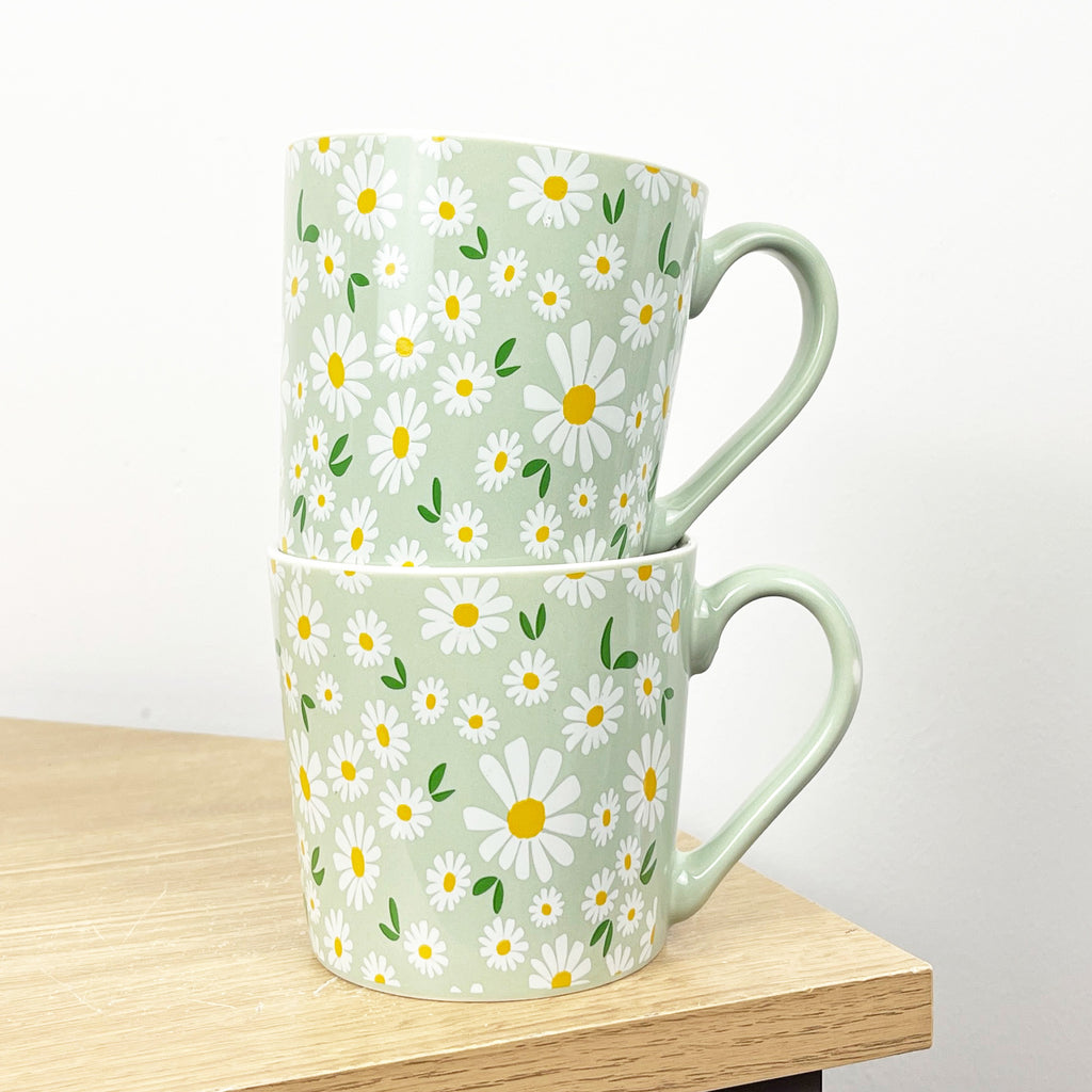 Set of 2 x 350ml Retro Floral Porcelain Mugs - Green