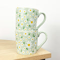 Set of 2 x 350ml Retro Floral Porcelain Mugs - Green