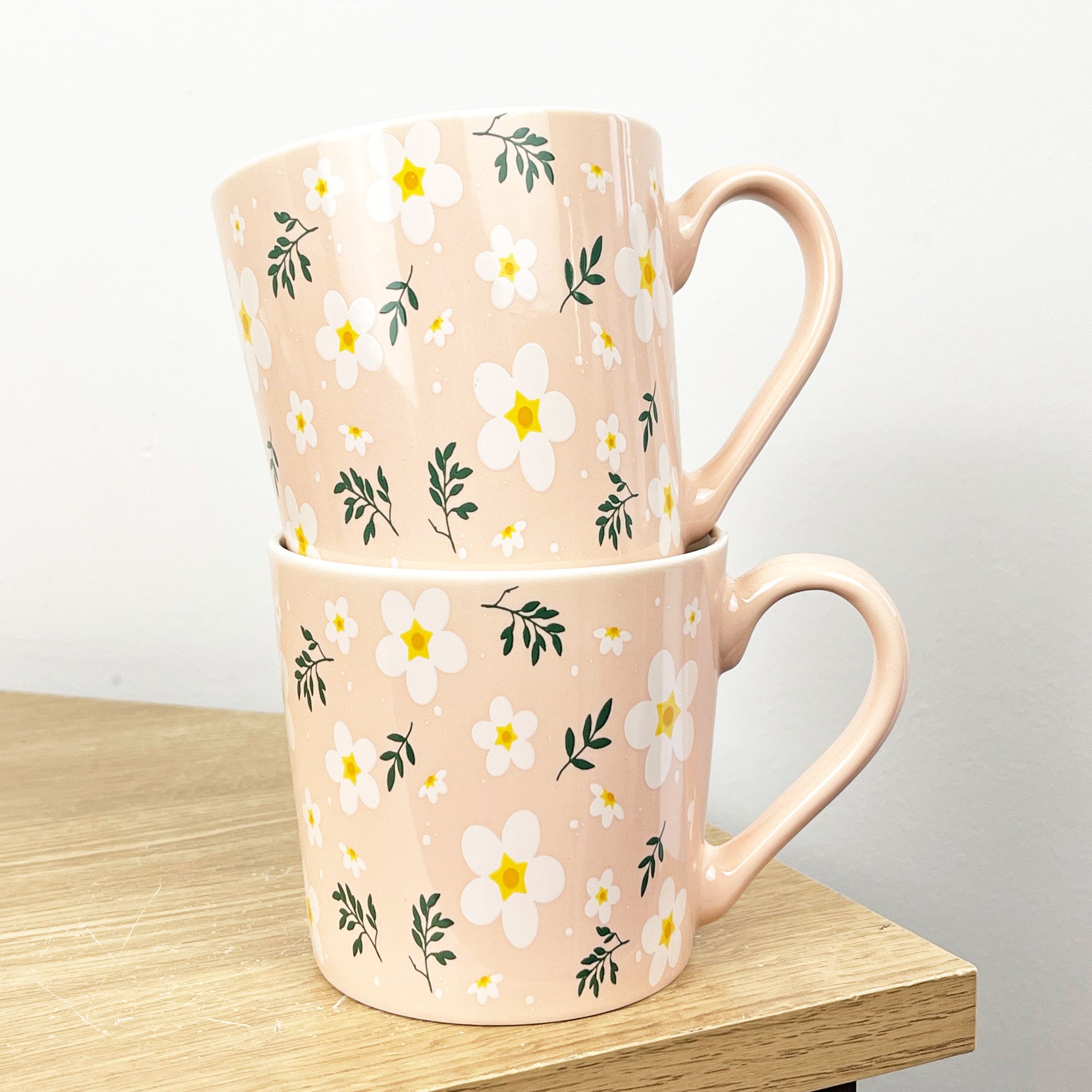 Set of 2 x 350ml Retro Floral Porcelain Mugs - Pink