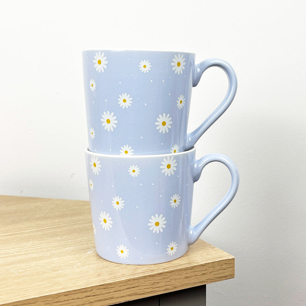 Set of 2 x 350ml Retro Floral Porcelain Mugs - Blue