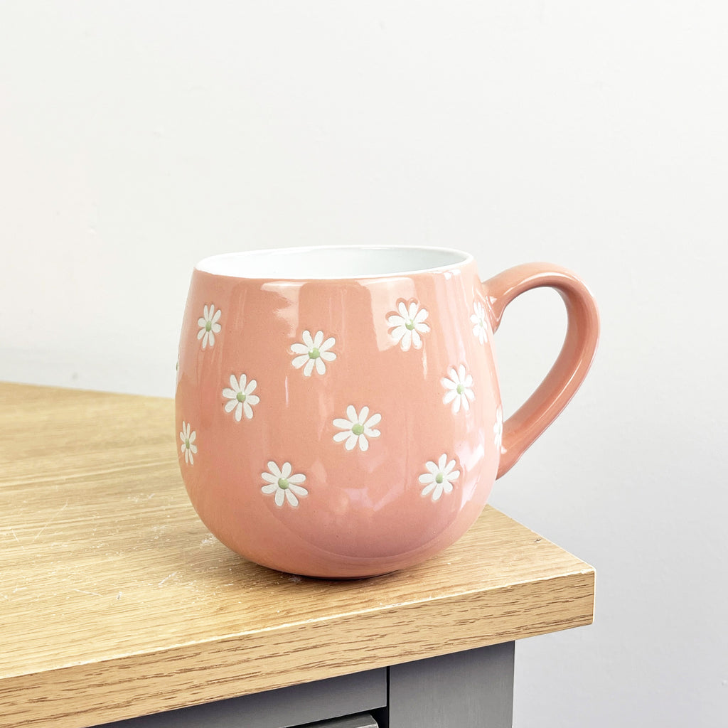 Set of 4 x 400ml Floral Daisy Stoneware Mugs - Pink