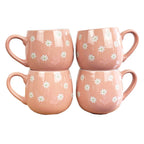 Set of 4 x 400ml Floral Daisy Stoneware Mugs - Pink