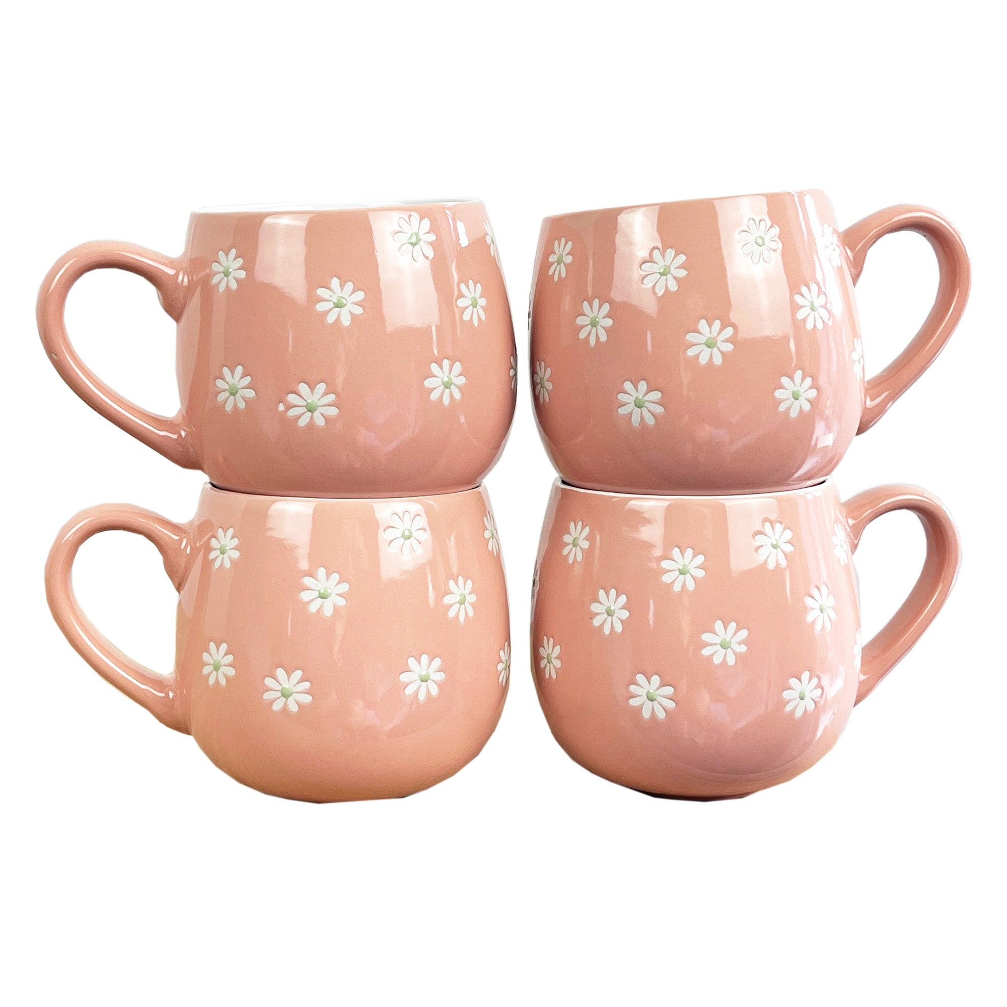 Set of 4 x 400ml Floral Daisy Stoneware Mugs - Pink
