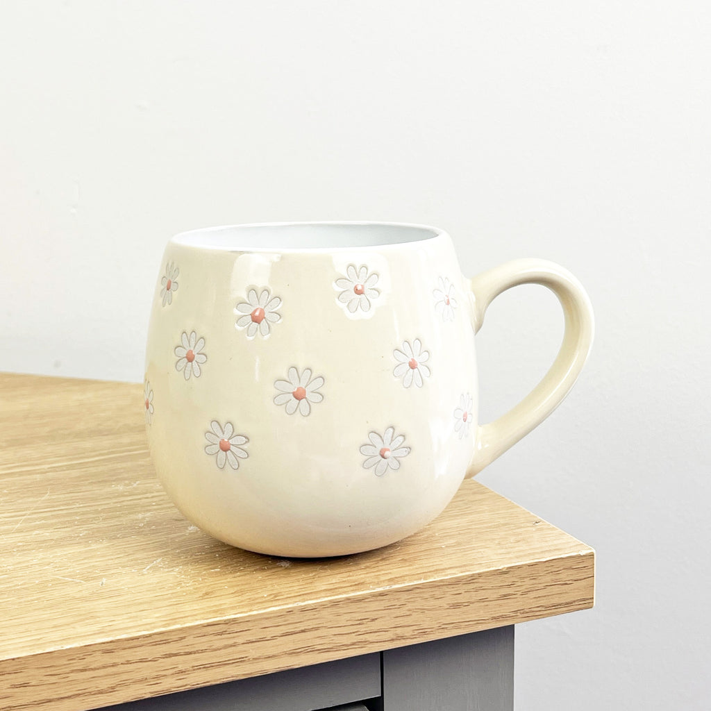 Set of 4 x 400ml Floral Daisy Stoneware Mugs - Cream