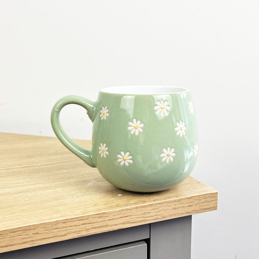 Set of 4 x 400ml Floral Daisy Stoneware Mugs - Green