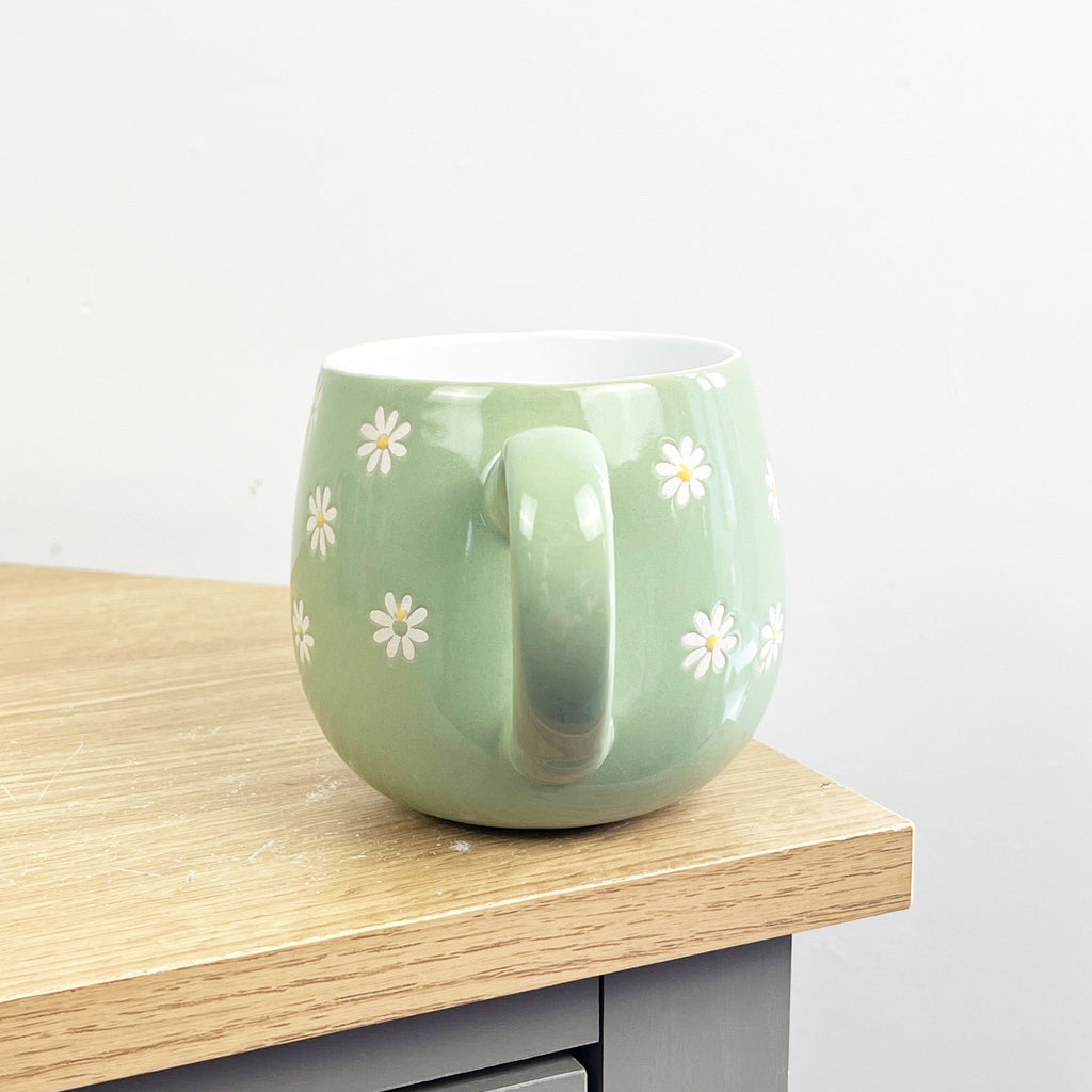 Set of 4 x 400ml Floral Daisy Stoneware Mugs - Green