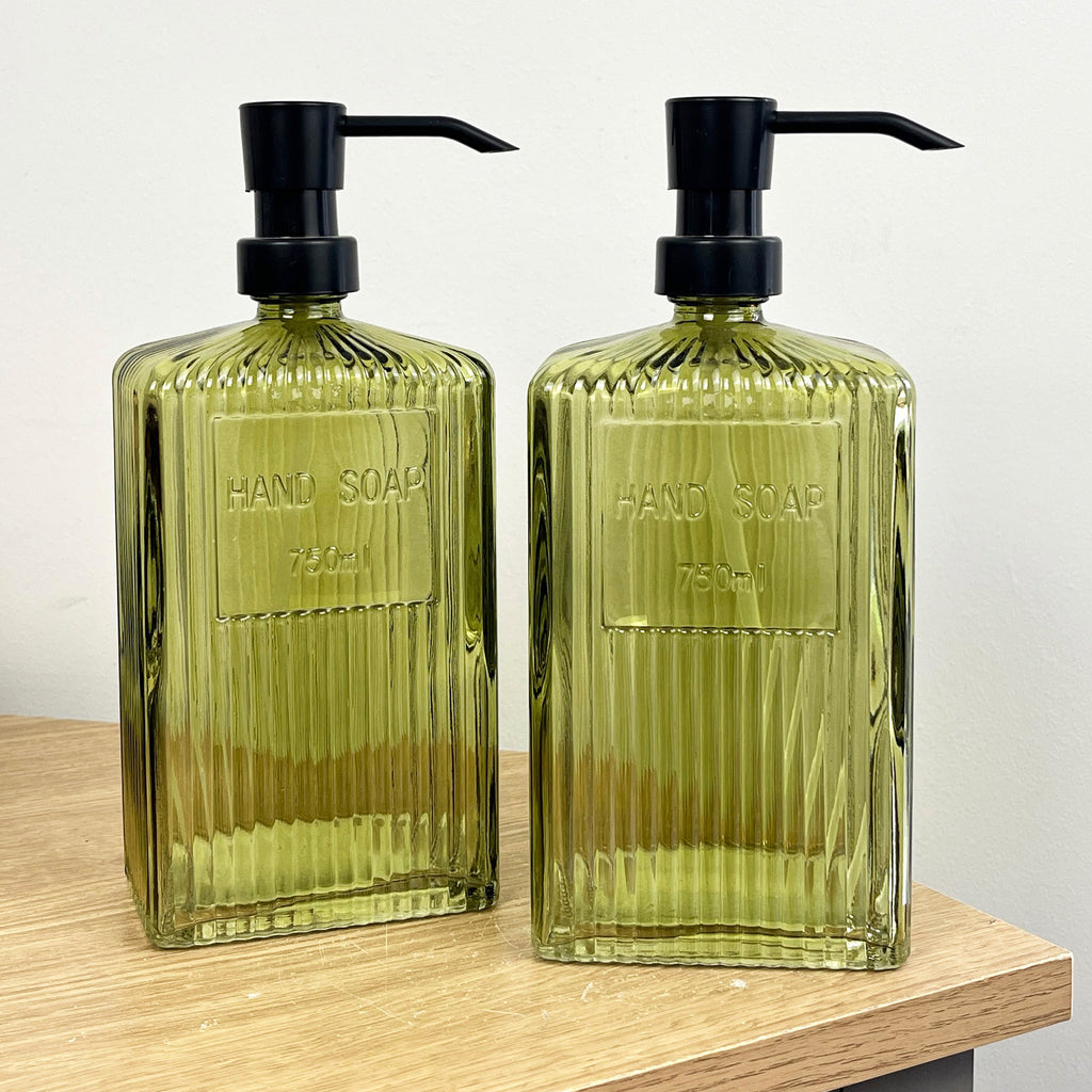 Set of 2 x Large 750ml Ribbed Glass Soap Dispenser – Green