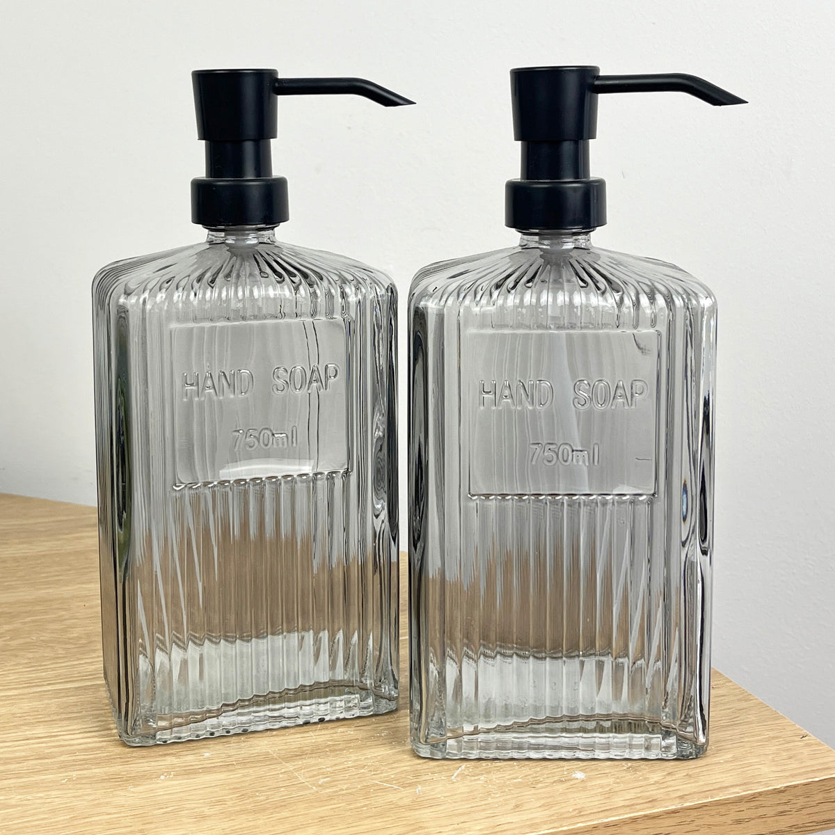 Set of 2 x Large 750ml Ribbed Glass Soap Dispenser – Grey