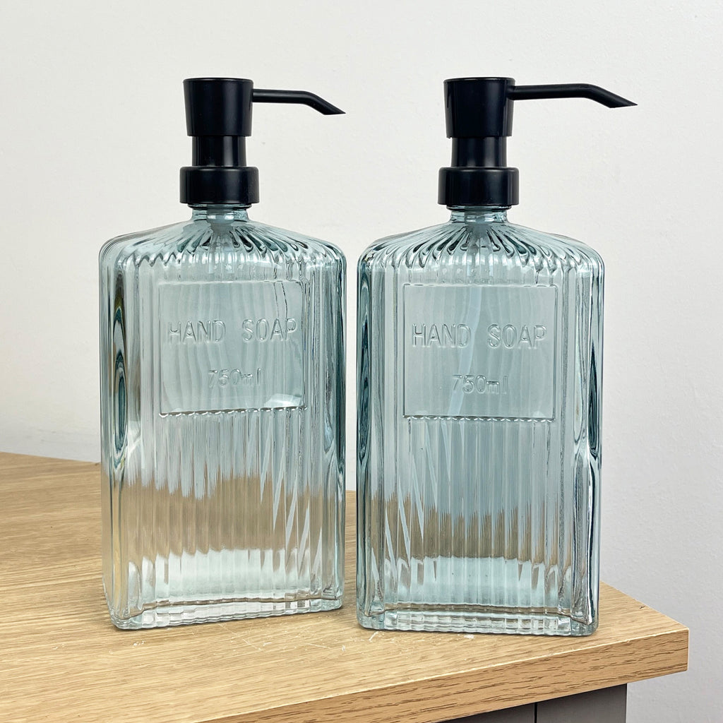 Set of 2 x Large 750ml Ribbed Glass Soap Dispenser – Blue
