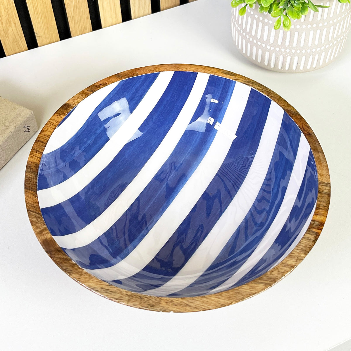 25.5cm Decorative Wooden Bowl with Enamel Nautical Stripes Design