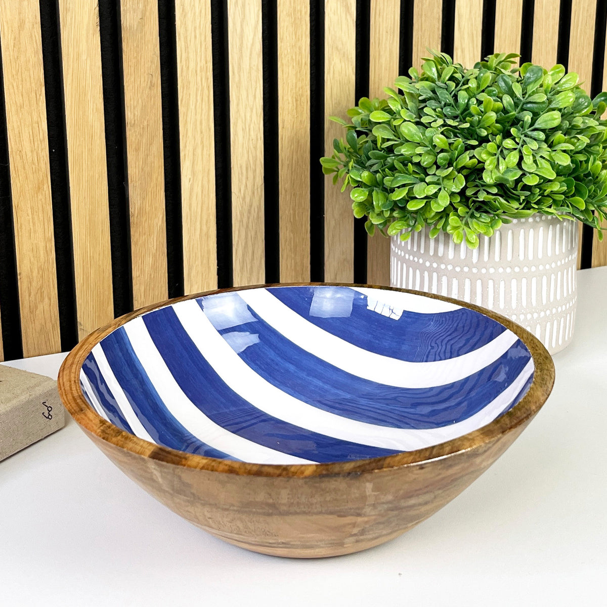 25.5cm Decorative Wooden Bowl with Enamel Nautical Stripes Design