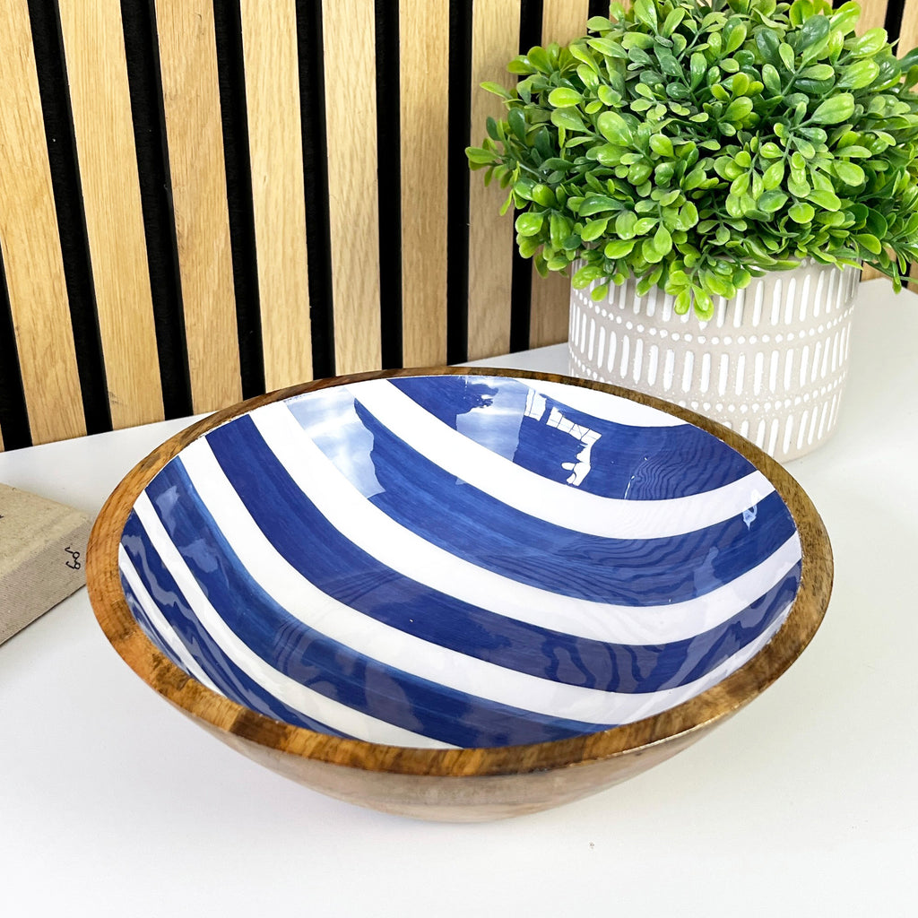 25.5cm Decorative Wooden Bowl with Enamel Nautical Stripes Design