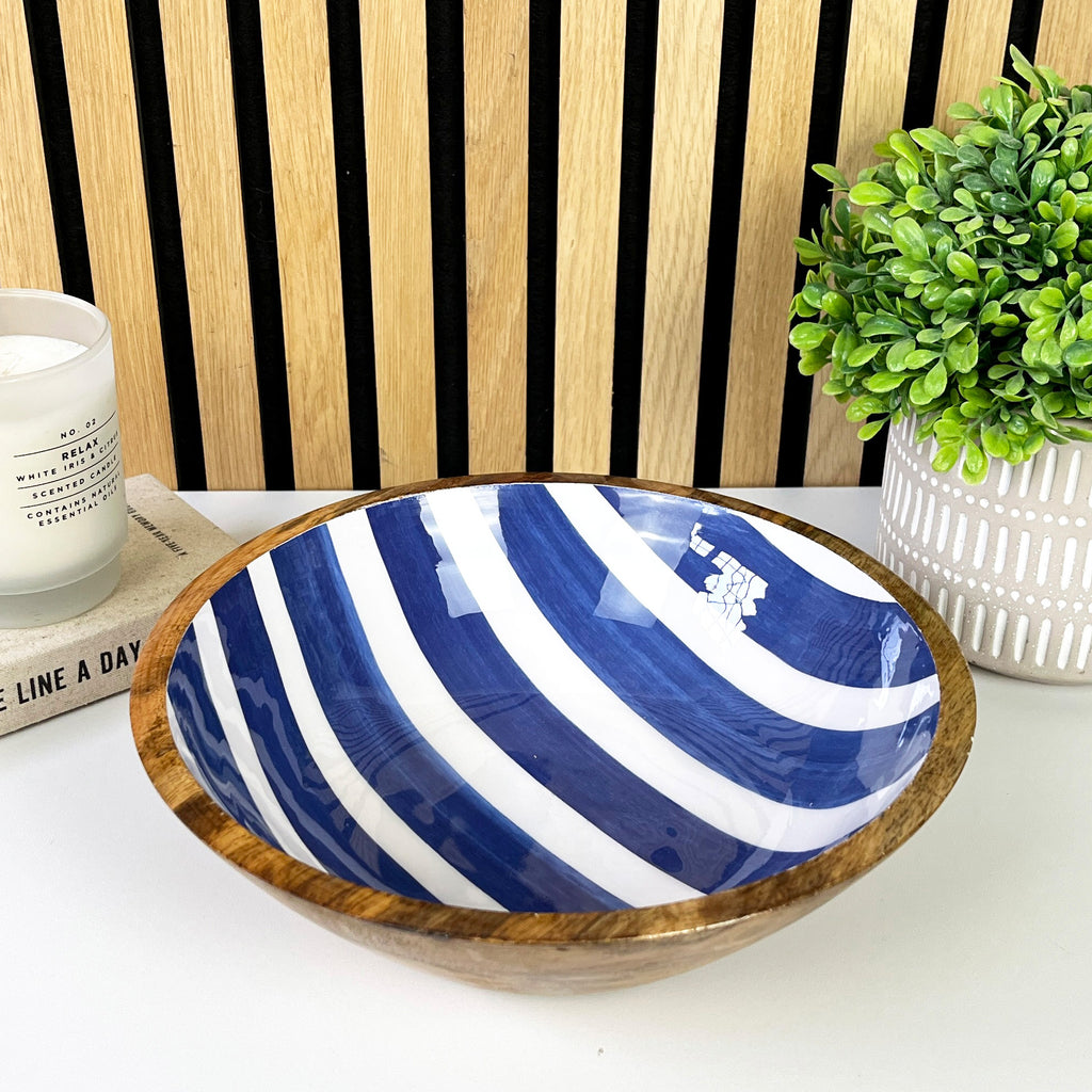 25.5cm Decorative Wooden Bowl with Enamel Nautical Stripes Design