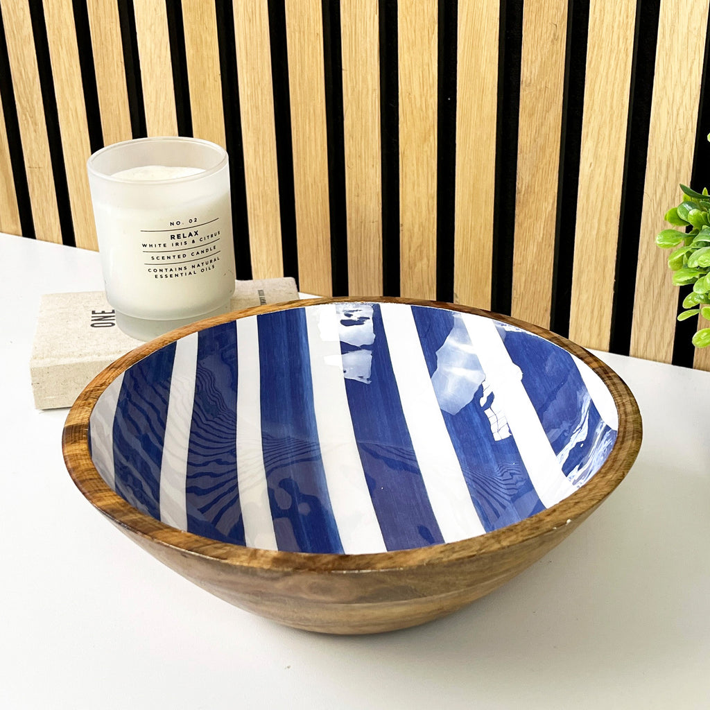 25.5cm Decorative Wooden Bowl with Enamel Nautical Stripes Design
