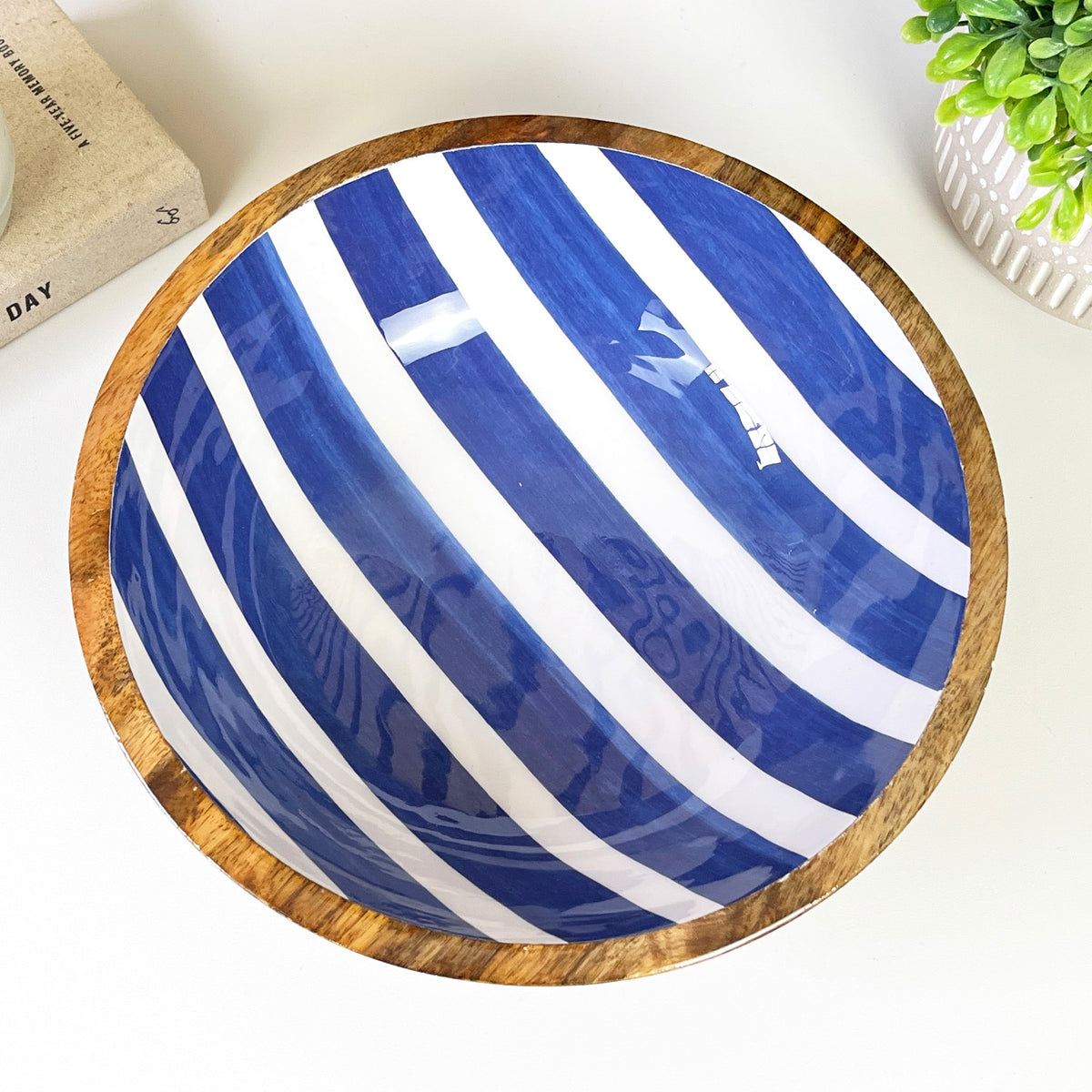 25.5cm Decorative Wooden Bowl with Enamel Nautical Stripes Design