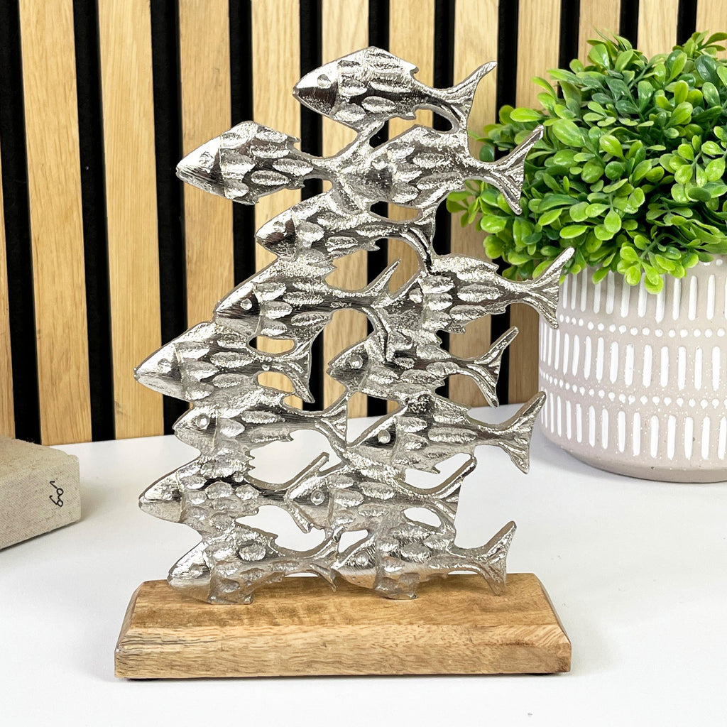 21cm Tall Metal Shoal of Fishes on Wood Ornament