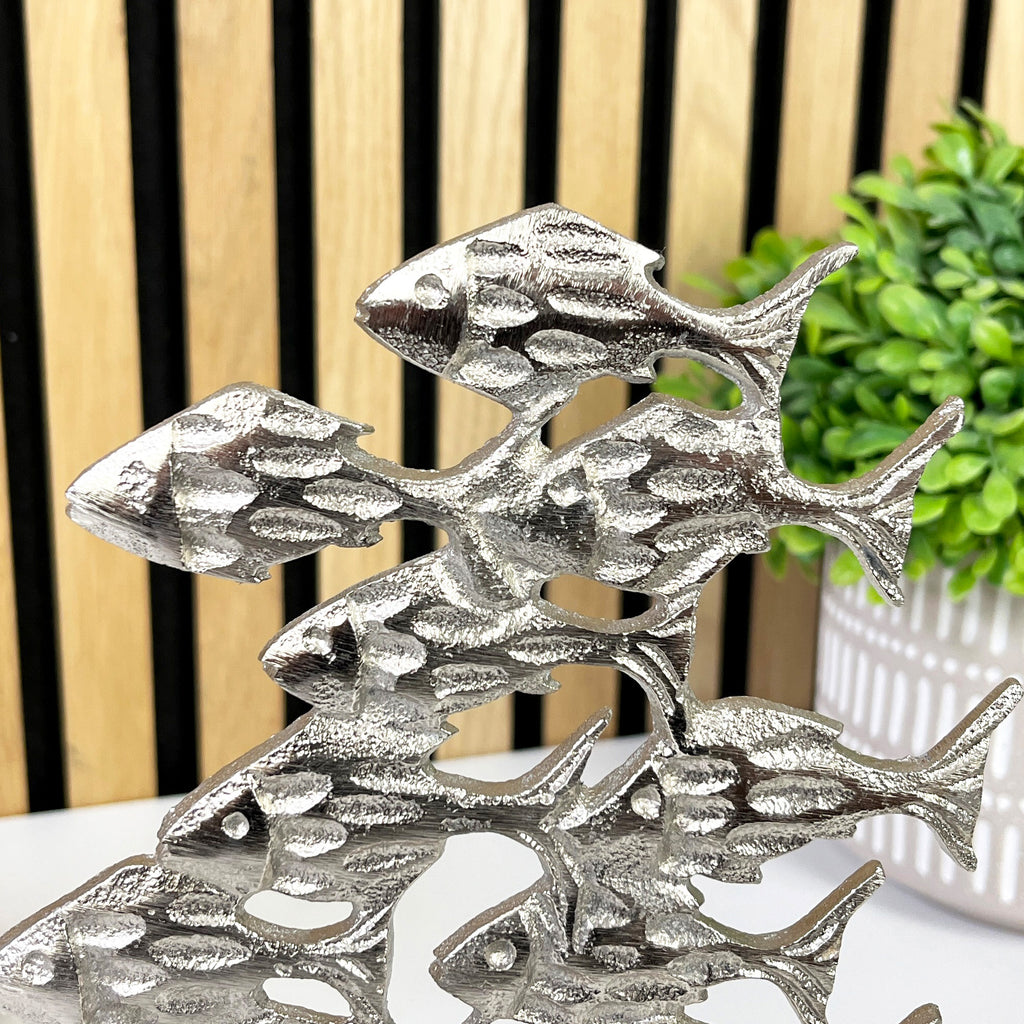21cm Tall Metal Shoal of Fishes on Wood Ornament