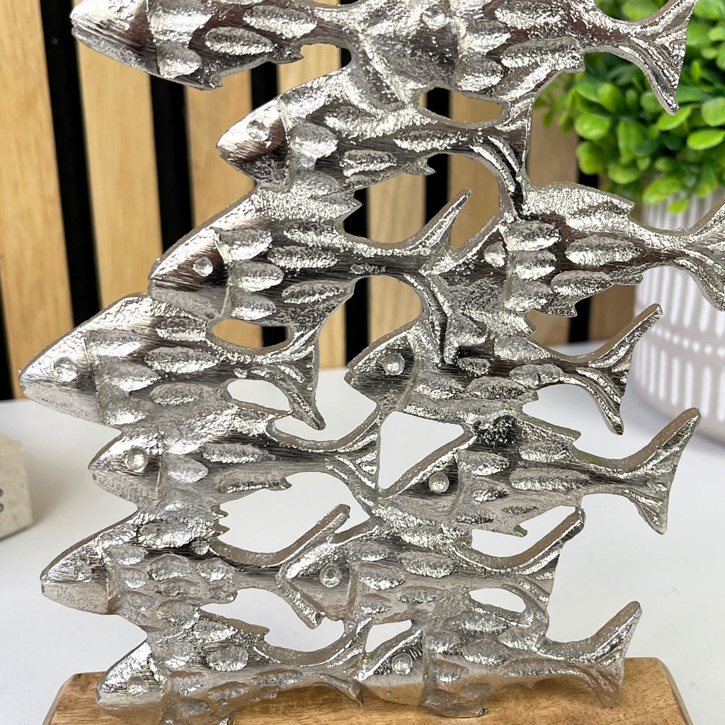 21cm Tall Metal Shoal of Fishes on Wood Ornament